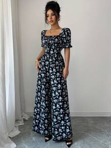 Selianne Women's Elegant Waist Cinched Floral Print Romper With Puff Sleeves, Suitable For Holiday - Black - View 1