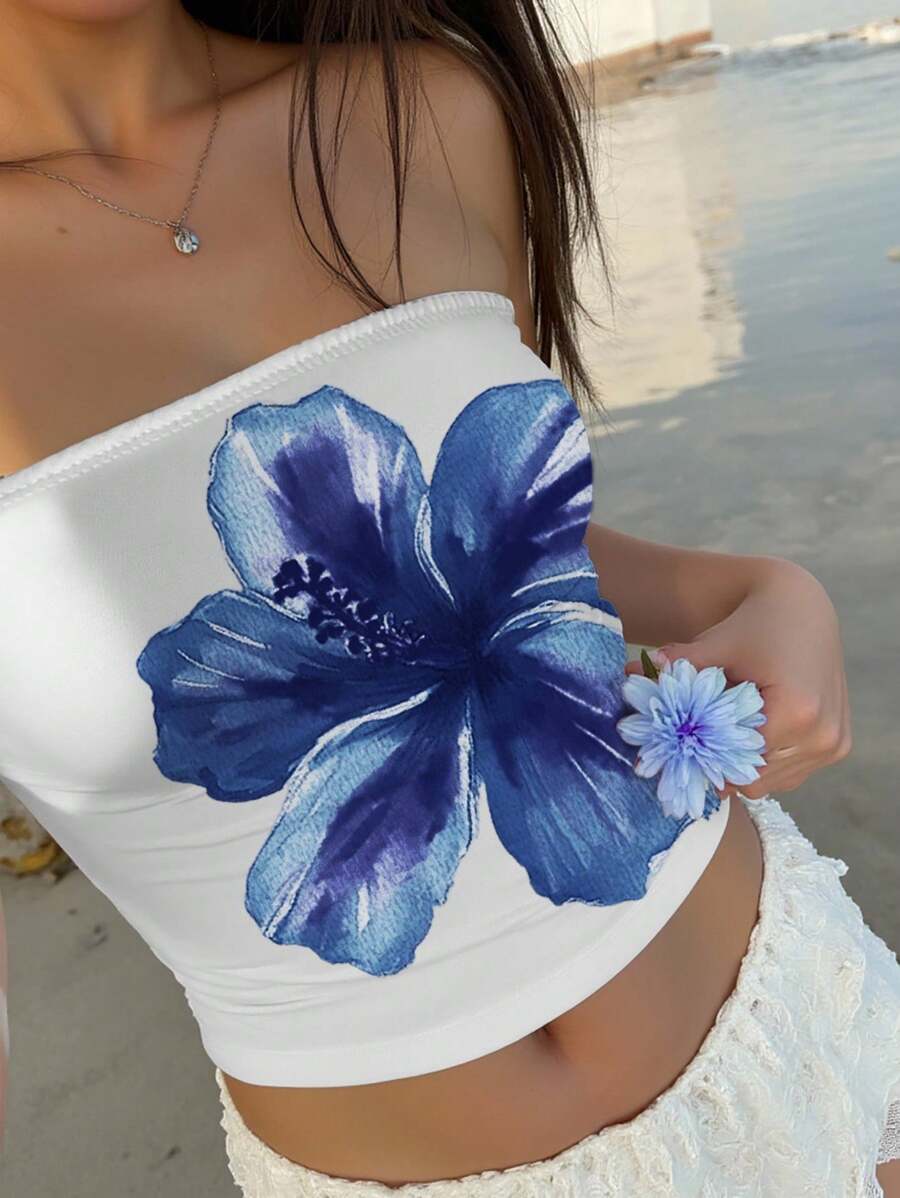 Aloruh Áo crop top bó sát in họa tiết hoa dâm bụt màu xanh lam đậm không quai ngang dành cho nữ, phù hợp cho mùa hè, áo bandeau họa tiết hoa Hawaii, kỳ nghỉ, lễ hội âm nhạc, đi chơi biển - Nhiều màu - Xem 1