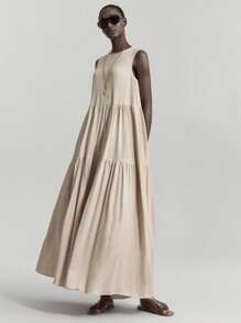 Ontre 2026SS Women's Solid Color Sleeveless Dress, Casual Minimalist, Flared Skirt, Simple Camisole Dress, Leisure & Holiday, Versatile, Essential Spring/Summer Clothing - Brown - View 4