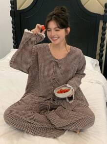 Dazy Plus Plus Contrast Lace Tie Plaid Loose Top And Pants Pajama Set, Fall Winter Clothes