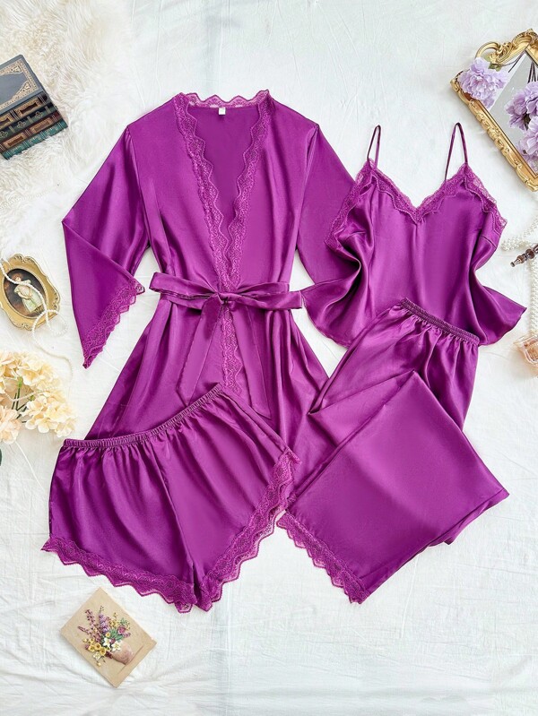 SilkySpell Conjunto de 4 Peças: Camiseta Sexy com Decote em V Plus Size para Mulheres, Shorts com Bainha de Renda, Roupão de Cetim Elegante, Calça, Conjunto de Pijama Roxo, Roupa de Loungewear para Todas as Estações