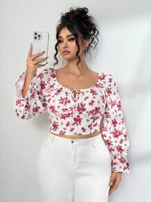 Elenzga Elegantes Ditsy Blumen Figurbetontes Crop Top mit Puffärmeln - Rot - Übersicht 4