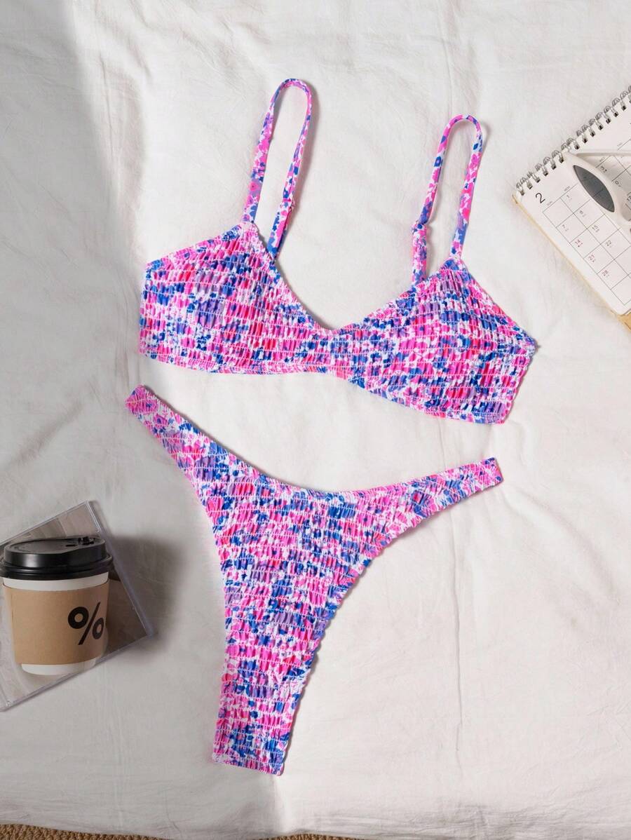 Swim Mod 2pcs/Set Women Beach Vacation Cute Sexy Multi-Color Random Print Spaghetti Strap Bandeau Top And Cute Bandeau Shorts Bikini For Summer