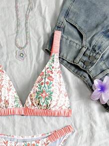 Swim Mod Women 2pcs/Set Swimsuit, Random Print Purple Ruched Spaghetti Strap V-Neck Triangle Cup Tied Bikini Set, Beach Holiday For Summer Beach Vacation - Multicolor - View 5