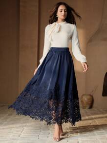 Anewsta Elegant Navy Blue Flared Lace Trim Skirt For Women - Navy Blue - View 3