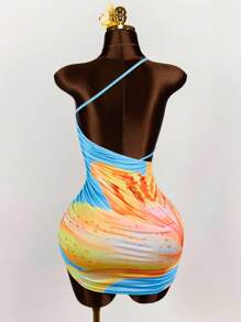 Amplova One Shoulder Two-Tone Big Floral Print Drawstring Tie Bodycon Mini Dress