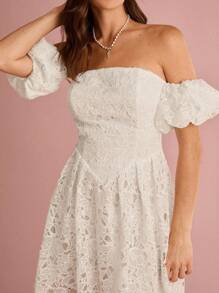 Enchnt Summer Romantic Women's White Exquisite Hollow Floral Embroidered Lace Off Shoulder Puff Sleeves Cute Princess Mini Dress,Sweet&Elegant For Vacation&Date&Holiday&Birthday&Party&Graduation&Wedding Guest&Beach,Prom Dress,Summer Dresses For Women,Sun Dresses For Women,Summer Clothes,Summer Outfits For Women,Elegant Dresses For Party, - White - View 2