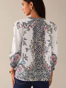 Lilora Bluză elegantă cu guler crestat și imprimeu floral pentru femei, bluze și cămăși, bluze occidentale pentru femei, cămăși boho, stil urban, timp liber urban, romantic și elegant, pentru ieșiri în oraș - Multicolor - Vizualizare 2