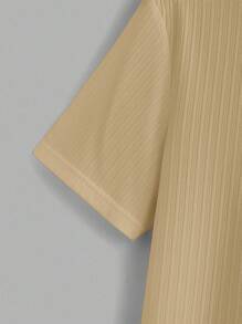 NEON BLANC Men's Summer Casual Solid Color Ribbed Knit Mandarin Collar Short Sleeve T-Shirt - Khaki - View 3