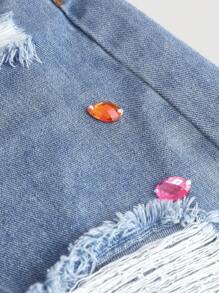 Girlism 千禧年复古水洗低腰破洞牛仔宽松长款短裤，优雅宽松版型，做旧牛仔长款短裤，带口袋设计和水钻装饰，适合日常出行、户外、居家、早午餐、下午茶、通勤、机场穿着，秋季、返校季、Y2K风格短裤、宽松牛仔短裤、破洞牛仔短裤、少女牛仔短裤 - 中等水洗藍 - 查看 3