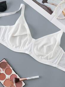DesireSculpt Plus Size Simple Thin Underwire Wireless Bra, Lift And Gather, Without Padding White Bra Plus Size Bra Cute Bra White Ribbed Bra Full Coverage Bra - White - View 8