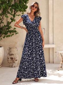 SHEIN Clasi 女士波西米亞風格花卉短袖連衣裙 - 藍色 - 查看 5
