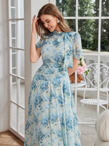 Modelyn 女式优雅花卉印花扭领泡泡袖高腰褶皱连衣裙，夏季