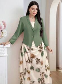 Modelyn 加大码紫色翻领马甲和花卉印花长裙套装，配珍珠纽扣，优雅正式服装两件套