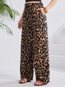 SHEIN 少女雪纺阔腿豹纹裤，休闲优雅，适合度假、休闲和百搭 - 彩色 - 查看 5