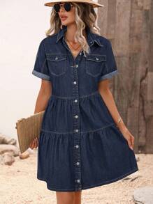 SHEIN LUNE 女式蓝色短袖单排扣休闲牛仔连衣裙，夏季 - 中等水洗藍 - 查看 4