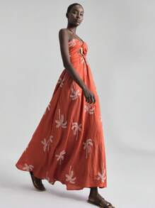 Ontre 2025秋季新款女式细肩带连衣裙，度假风格休闲无袖褶皱刺绣面料长裙，女式优雅波西米亚度假长裙 - 鏽棕色 - 查看 7