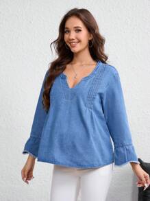 SHEIN Maternity V-Neck Long Sleeve Fringed Denim Top, Fashionable Summer