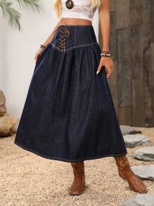 Breezaya Women Waist Tie Ruffle Casual Denim A-Line Skirt - Dark Wash - View 3