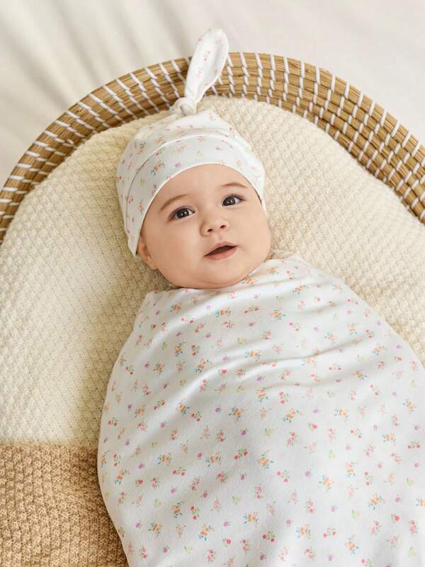 Cozy Pixies 2pcs Baby Soft White Floral Pastoral Swaddle Blanket And Beanie Hat Set (1pc Swaddle Blanket + 1pc Beanie)