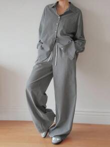 Dazy-Less Conjunto informal de 2 piezas para mujer para primavera/verano - Blusa holgada a rayas/cuadros y pantalones rectos para oficina/vacaciones, conjunto de ropa de estar en casa para mujer de negocios casuales - Blanco y Negro - Ver 7