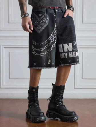 ROMWE Avant Men's Casual Retro Double Waistband Printed Denim Shorts