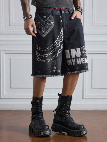 ROMWE Avant Pantalones cortos de mezclilla casuales y retro de hombre con doble cintura y estampado