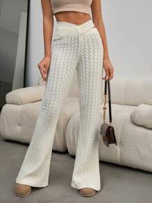 EURMUSE Women Solid Color Cross Waist Textured Flair Sweater Pants - White - View 3