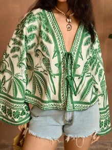 SHEIN VCAY 大码女式绿色植物剪影印花前系带长袖休闲秋季衬衫上衣 - 綠色 - 查看 6