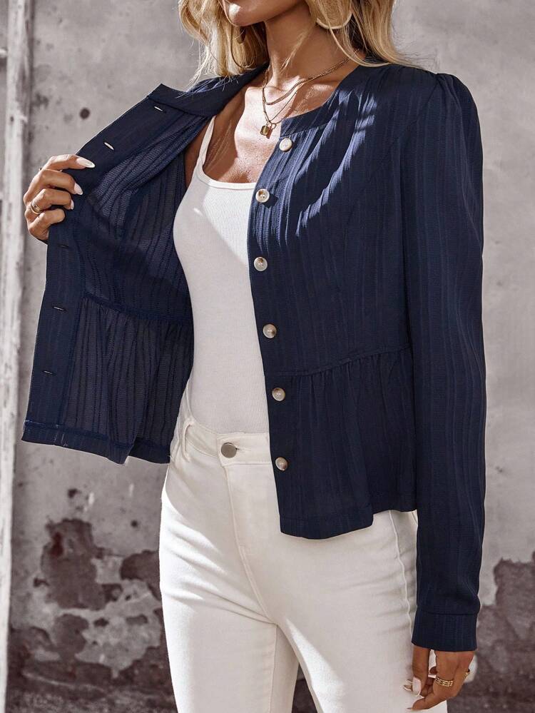 Women Solid Color Round Neck Bubble Long Sleeve Single-Breasted Casual Ruffle Hem Jacket Fall Autumn Winter Teacher Going Out Business Casual Country Old Money Basic Teacher Going Out Back To School Fall