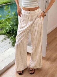 Ria Solene Women's Elegant Academic Plaid Striped Elastic Waist Wide Leg Pants, Versatile Fall Cloth For Women - Apricot - View 4