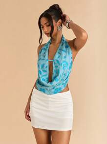 SHEIN BAE Áo hở lưng thêu sequin mùa hè cho nữ - Màu xanh lam - Xem 5
