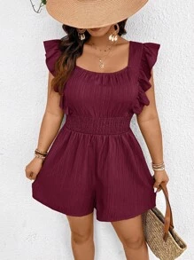 SHEIN Frenchy 大码女式夏季休闲纯色方领荷叶边袖孔连体衣 - 酒紅色 - 查看 3