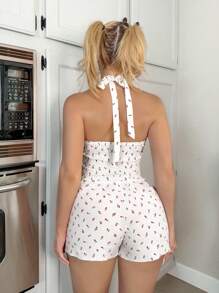 Sweetina 2pcs Cute Casual Summer Ditsy Floral Halter Top And Shorts Women Pajama Set - Multicolor - View 2