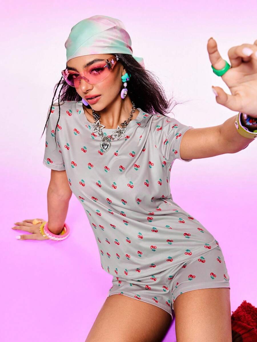 Notgurli 2PCS Women's Casual Cherry Print Pajama Set Sleepwear Nightwear - Grey - View 1