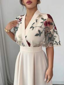 Rafferiza Women's Elegant Floral Embroidered Half Sleeve Apricot Maxi Dress A Stunning V-Neck Flared Hem Dress For Photoshoots And Special Occasions - Apricot - View 6