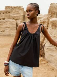 Lumivelle Women's U-Neck Woven Bowknot Strap Loose A-Line Casual Vacation Ethereal Tank Top - Black - View 5