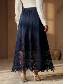 Anewsta Elegant Navy Blue Flared Lace Trim Skirt For Women - Navy Blue - View 7