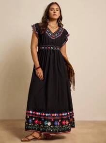 SHEIN LUNE 大码女式花卉印花V领短袖休闲连衣裙夏季