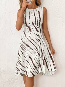 SHEIN Clasi Vestido negro elegante de oficina de verano, cómodo, con cuello redondo, sin mangas, fruncido en la cintura y midi entallado para mujer - Marrón Mocha - Ver 6