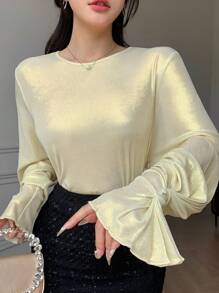 DAZY Women's Bell Sleeve Elegant Sequin Decoration Twist Knot Button Detail Long Sleeve Blouse Top, Business/Party Wear, Spring/Summer/Autumn