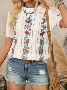 LanaWest Women's Solid Color Printed Round Neck Short Sleeve Elegant Western Sweater Knit Pullover Fall Winter - White - View 3