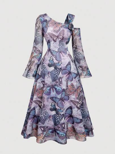 SHEIN MOD Đầm dài tay loe in hình bướm vai bất đối xứng cỡ lớn