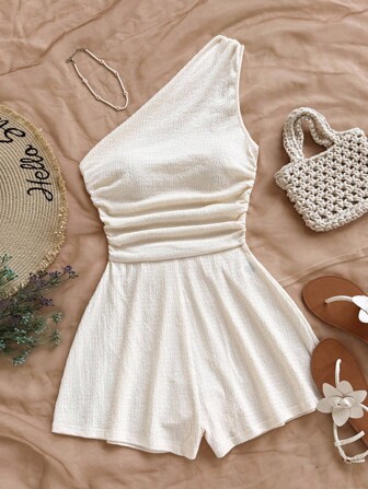 Soleia Women's Summer Off Shoulder Romper Jumpsuit, Suitable For Vacation, Brunch, Mother's Day, Graduation, Church, Beach, Music Festival, Airport, Afternoon Tea White Playsuit White One Shoulder Playsuit White Playsuit