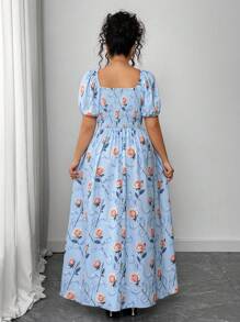 Elenzga Plus Size Women Floral Print Square Neck Puff Sleeve Elegant Romantic Palace Style Dress