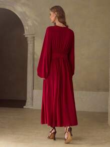 MOTF PREMIUM WOMEN'S LONG KNIT GATHERED LANTERN SLEEVE MIDI DRESS - Red - View 3