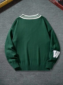 Manfinity Campus Court 男士休闲撞色条纹和字母针织毛衣，秋冬 - 軍綠色 - 查看 2