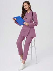 Scrubzie 2pc Set Women Scrub Uniform Shirt With Stand Collar & Long Sleeves, Wrinkle Resistant + Pants - Pink - View 5