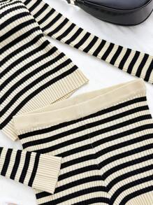 SHEIN 2pcs/Set Teen Girls Vacation Striped Sweater Top And Shorts Set, Collared Long Sleeve Pullover And Knitted Shorts Striped Two Piece Set Two Piece Knit Set Preppy Two Piece Set Striped Sweater Set Knit Two Piece Set,In Fall/Winter - Black - View 6
