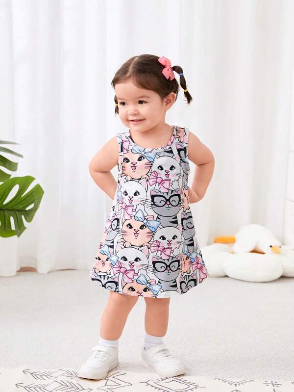 Baby Girl Casual Cute Cartoon Kitten Pattern Sleeveless Dress
